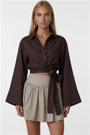 Kadın Acı Kahve Geniş Manşetli Kol Detaylı Önü Bağlamalı Keten Gömlek Alc-X15424