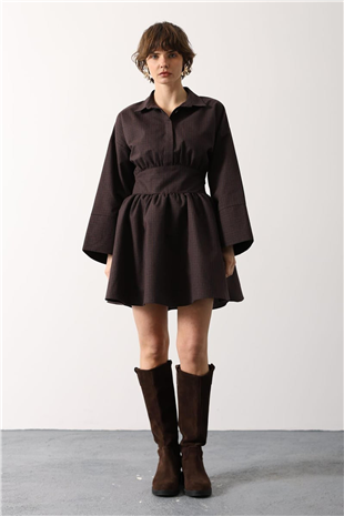 Kadın Acı Kahve Gömlek Yaka Geniş Manşetli Bağlama Detayli Mini Dokuma Elbise Alc-X15204