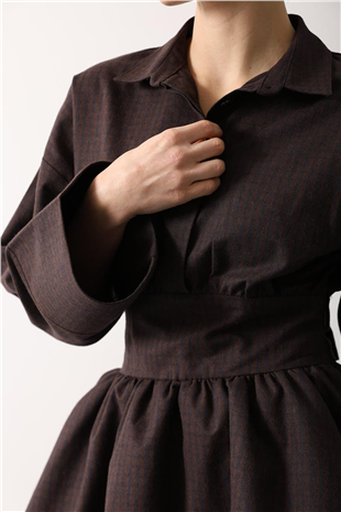 Kadın Acı Kahve Gömlek Yaka Geniş Manşetli Bağlama Detayli Mini Dokuma Elbise Alc-X15204