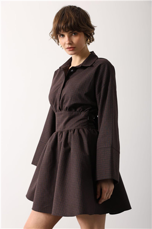 Kadın Acı Kahve Gömlek Yaka Geniş Manşetli Bağlama Detayli Mini Dokuma Elbise Alc-X15204