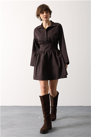 Kadın Acı Kahve Gömlek Yaka Geniş Manşetli Bağlama Detayli Mini Dokuma Elbise Alc-X15204