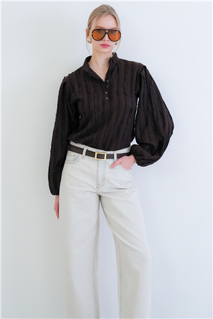 Kadın Acı Kahve Hakim Yaka Önü Düğmeli Balon Kol Fırfır Kumaş Gömlek Bluz Alc-X15405