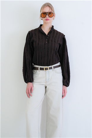 Kadın Acı Kahve Hakim Yaka Önü Düğmeli Balon Kol Fırfır Kumaş Gömlek Bluz Alc-X15405