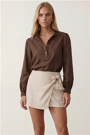 Kadın Acı Kahve Hakim Yaka Yarım Pat Balon Kol Keten Gömlek Bluz Alc-X15331