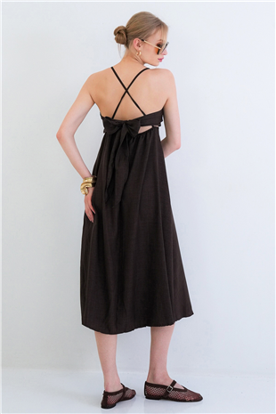 Kadın Acı Kahve İp Askılı Sırtı Bağlamalı Maxi Boy Yazlık Keten Elbise Alc-X15333