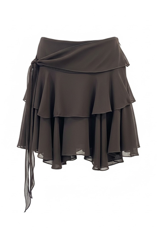 Kadın Acı Kahve Kat Kat Volanlı Bağlamalı Detaylı Şifon Astarlıi Şort Etek Alc-X15398