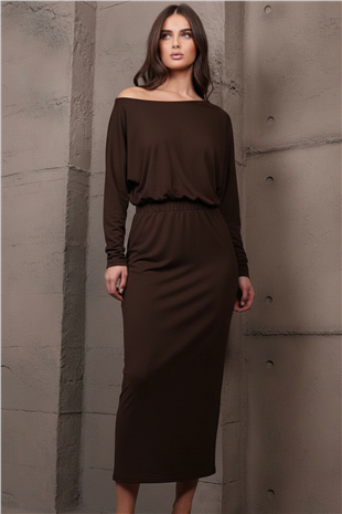 Kadın Acı Kahve Kayık Yaka Beli Lastikli Midi Boy Elbise Alc-X15226