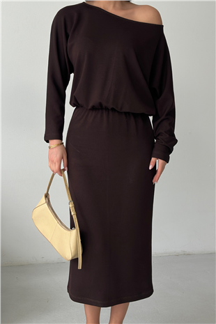 Kadın Acı Kahve Kayık Yaka Beli Lastikli Midi Boy Elbise Alc-X15226