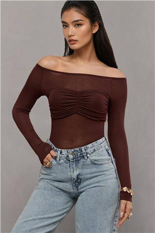 Kadın Acı Kahve Kayık Yaka Drape Detaylı Transparan  Bluz Alc-X14882