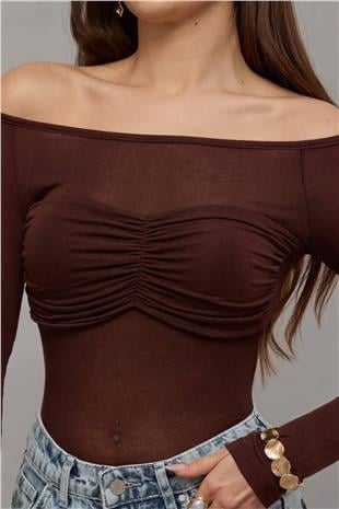 Kadın Acı Kahve Kayık Yaka Drape Detaylı Transparan  Bluz Alc-X14882