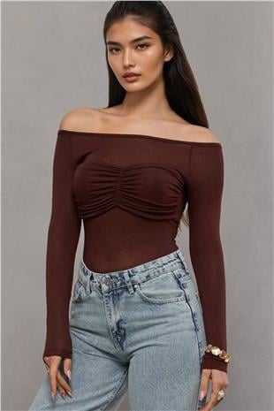 Kadın Acı Kahve Kayık Yaka Drape Detaylı Transparan  Bluz Alc-X14882