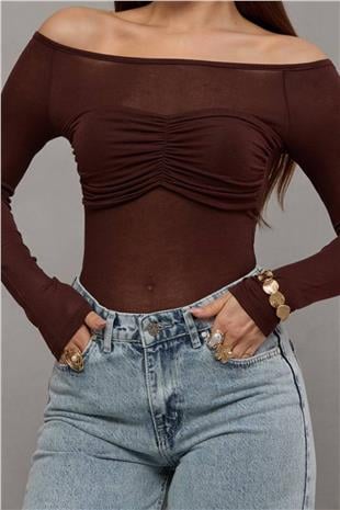 Kadın Acı Kahve Kayık Yaka Drape Detaylı Transparan  Bluz Alc-X14882
