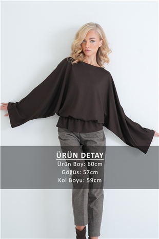 Kadın Acı Kahve Kayık Yaka Yarasa Kol Belden Lastikli Bluz Alc-X15913