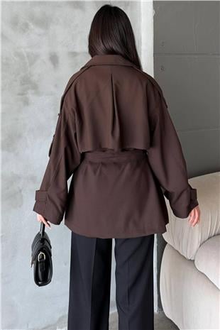 Kadın Acı Kahve Kuşaklı Çift Cepli Astarlı Kısatrençkot Alc-X14884