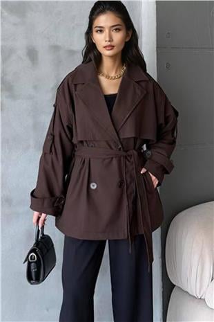 Kadın Acı Kahve Kuşaklı Çift Cepli Astarlı Kısatrençkot Alc-X14884