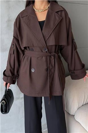 Kadın Acı Kahve Kuşaklı Çift Cepli Astarlı Kısatrençkot Alc-X14884