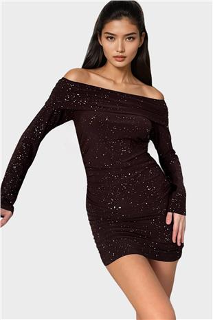 Kadın Acı Kahve Madonna Yaka Simli Mini Elbise Alc-X14829
