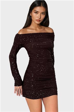 Kadın Acı Kahve Madonna Yaka Simli Mini Elbise Alc-X14829