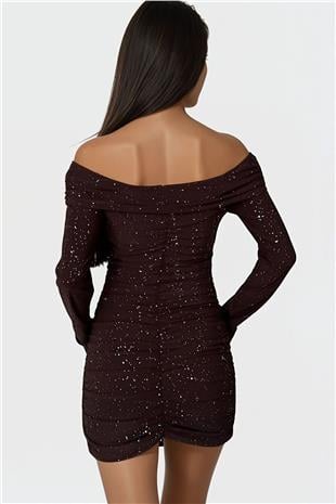 Kadın Acı Kahve Madonna Yaka Simli Mini Elbise Alc-X14829