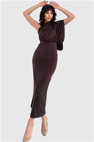 Kadın Acı Kahve Tek Omuz Drape Detaylı Maxi Boy Elbise Alc-X14962