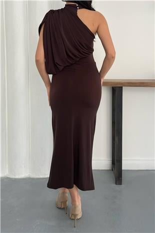 Kadın Acı Kahve Tek Omuz Drape Detaylı Maxi Boy Elbise Alc-X14962