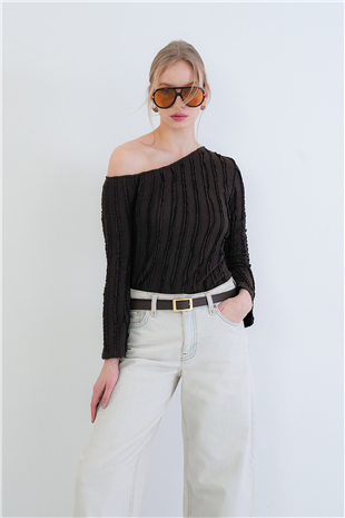 Kadın Acı Kahve Tek Omuz İspanyol Kol Fırfır Kumaş Bluz Alc-X15421