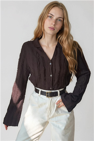Kadın Acı Kahve V Yaka İspanyol Kol Fırfır Kumaş Gömlek Alc-X15404