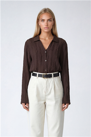 Kadın Acı Kahve V Yaka İspanyol Kol Fırfır Kumaş Gömlek Alc-X15404