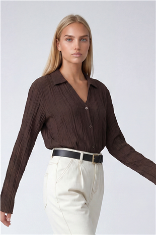 Kadın Acı Kahve V Yaka İspanyol Kol Fırfır Kumaş Gömlek Alc-X15404