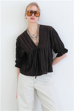 Kadın Acı Kahve V Yaka Truvakar Kol Lastikli Fırfır Kumaş Bluz Alc-X15414