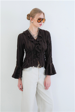 Kadın Acı Kahve V Yaka Volanlı İspanyol Kol Fırfır Bluz Alc-X15430