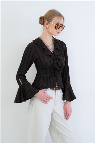 Kadın Acı Kahve V Yaka Volanlı İspanyol Kol Fırfır Bluz Alc-X15430