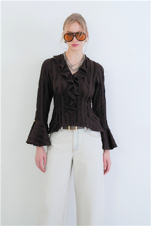 Kadın Acı Kahve V Yaka Volanlı İspanyol Kol Fırfır Bluz Alc-X15430