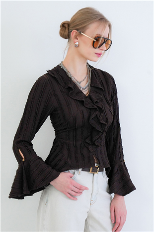 Kadın Acı Kahve V Yaka Volanlı İspanyol Kol Fırfır Bluz Alc-X15430