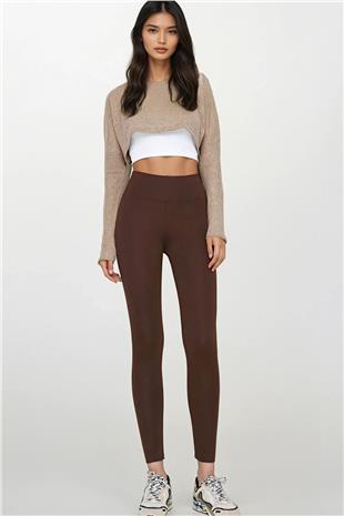 Kadın Acı Kahve Yüksek Bel Geniş Kemerli İçi Şardonlu Tayt Alc-X14832