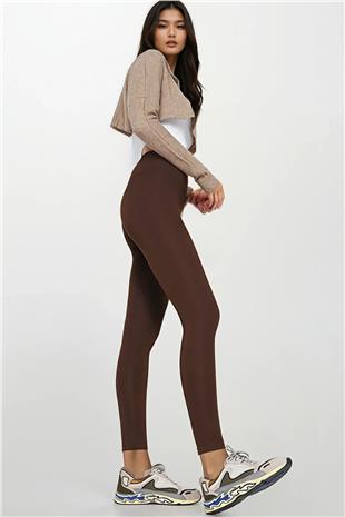Kadın Acı Kahve Yüksek Bel Geniş Kemerli İçi Şardonlu Tayt Alc-X14832