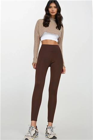 Kadın Acı Kahve Yüksek Bel Geniş Kemerli İçi Şardonlu Tayt Alc-X14832