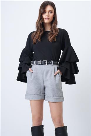 Kadın Açık Gri Duble Paça Çift Cepli Kışlık Kaşe Şort Alc-X13297