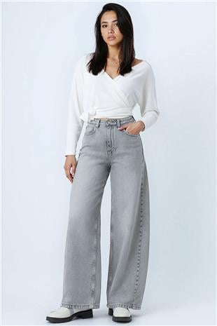 Kadın AÇIK GRİ Yüksek Bel 5 Cepli Baggy Jean VS01450