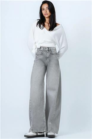 Kadın AÇIK GRİ Yüksek Bel 5 Cepli Baggy Jean VS01450