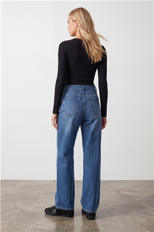 Kadın Açık Mavi Yüksek Bel Geniş Paça Denim Pantolon Alc-X16049