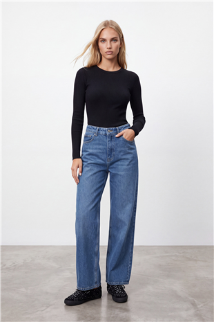 Kadın Açık Mavi Yüksek Bel Geniş Paça Denim Pantolon Alc-X16049