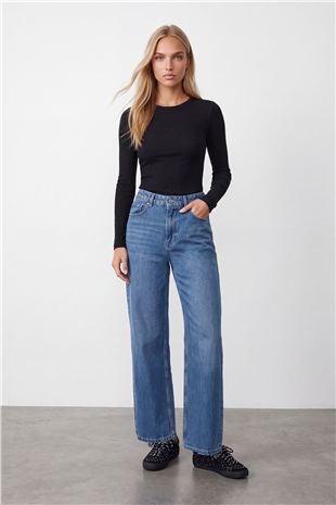 Kadın Açık Mavi Yüksek Bel Geniş Paça Denim Pantolon Alc-X16049