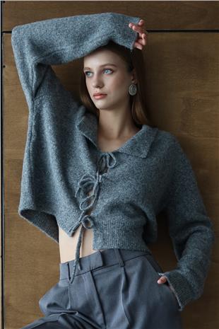 Kadın ANTRASİT Bağlama Detaylı Polo Yaka Triko Hırka VS01429