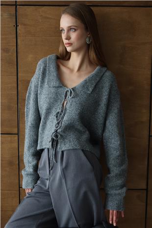 Kadın ANTRASİT Bağlama Detaylı Polo Yaka Triko Hırka VS01429