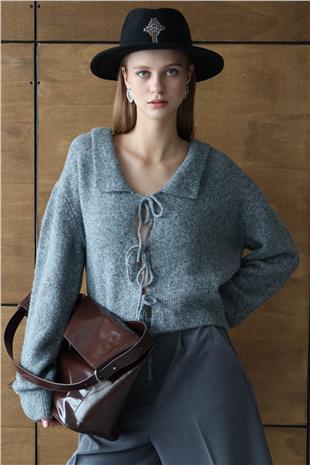 Kadın ANTRASİT Bağlama Detaylı Polo Yaka Triko Hırka VS01429