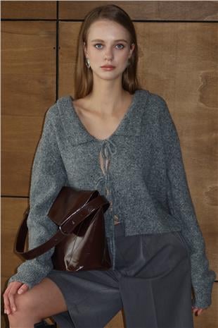 Kadın ANTRASİT Bağlama Detaylı Polo Yaka Triko Hırka VS01429