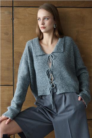 Kadın ANTRASİT Bağlama Detaylı Polo Yaka Triko Hırka VS01429