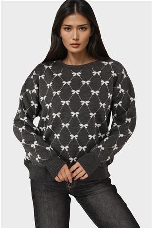 Kadın Antrasit Bisiklet Yaka Kurdale Desenli Triko Kazak Alc-X14822