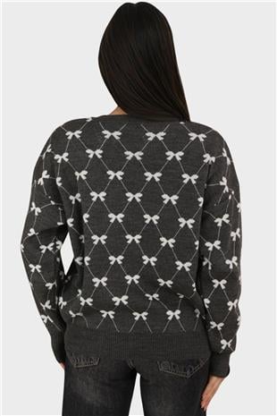 Kadın Antrasit Bisiklet Yaka Kurdale Desenli Triko Kazak Alc-X14822